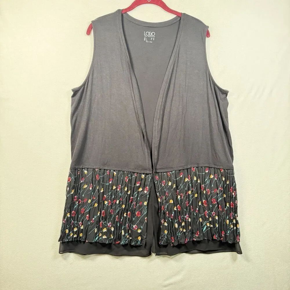 LOGO Lori Goldstein Black Open Front Topper Vest Chiffon Floral Hem Size L